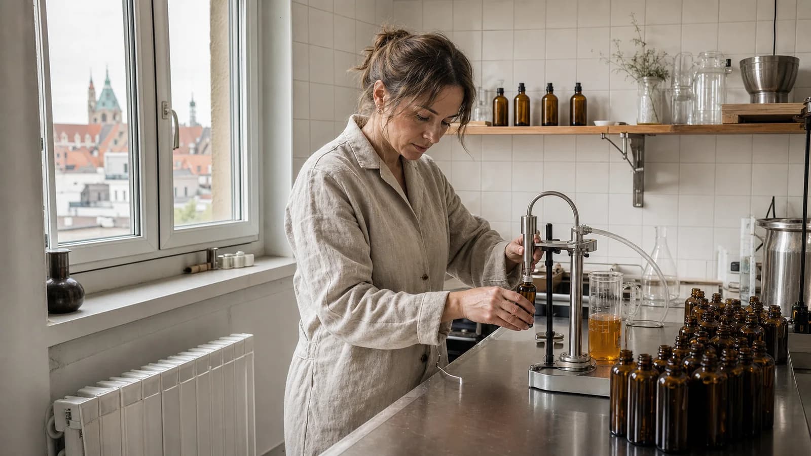 Natural cosmetics workshop owner working with glass packaging in a bright studio