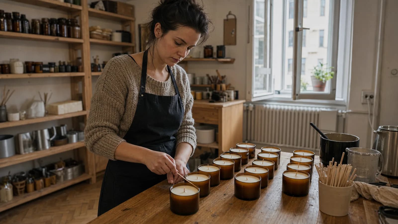 Owner of a small candle workshop arranging candles on a wooden worktable