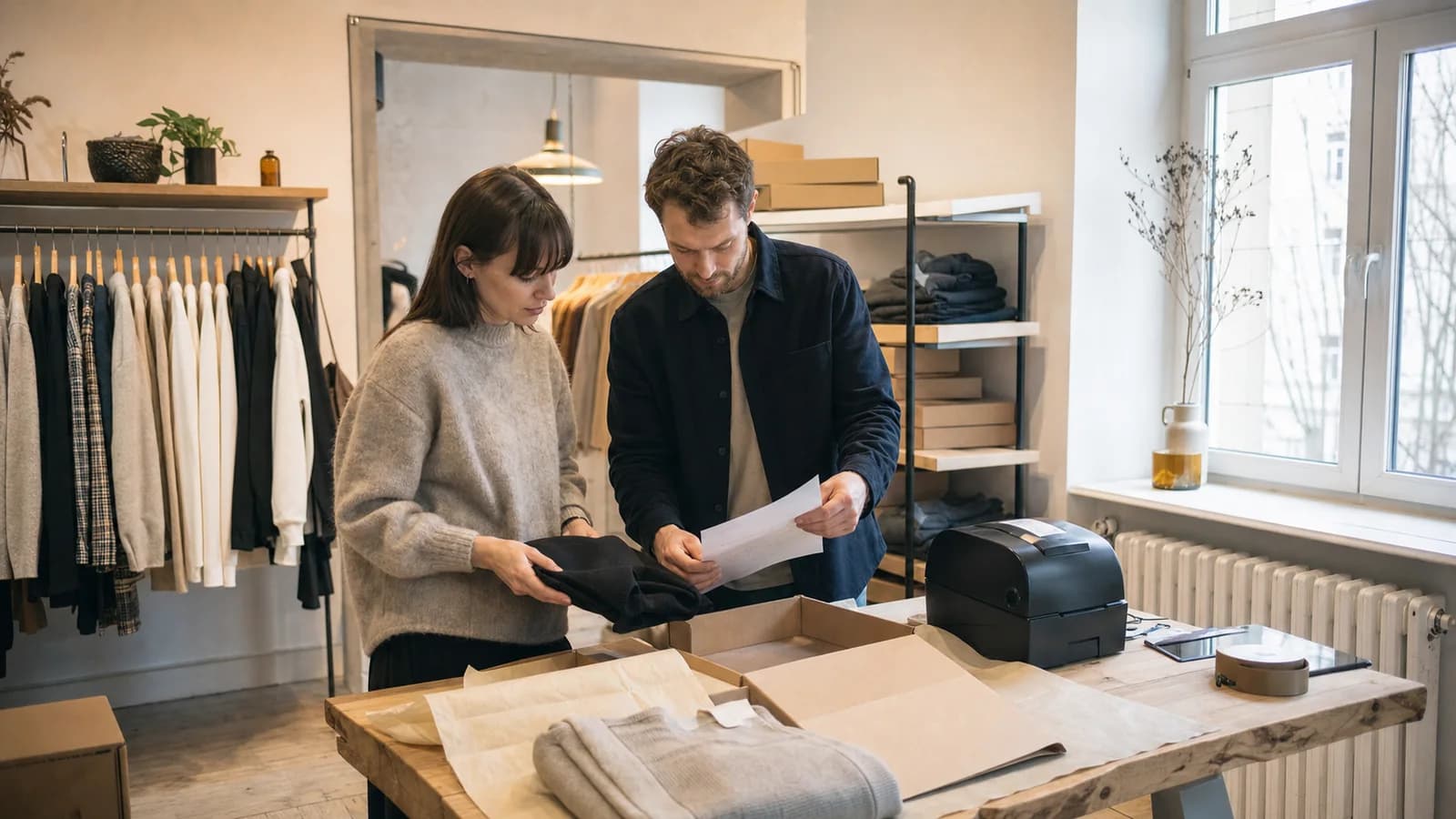 Two fashion boutique owners packing garments in a bright studio